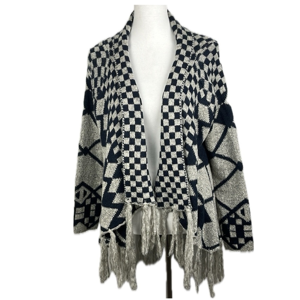 Dolce Cabo Checker Board Geometric Open Front Sweater Sz S/M  Boho Fringe Artsy